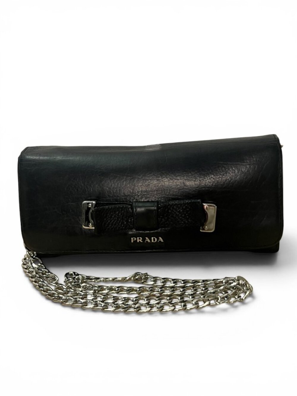 Prada Black Leather Bow Chain Wallet with Crossbody Chain COA incld